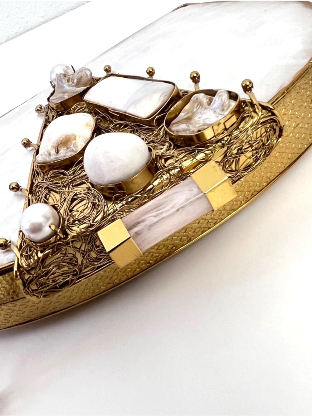 Ramla La Perle Gemstone Clutch Bag Mother of Pearl Handmade Gold White NEW - Picture 7 of 11